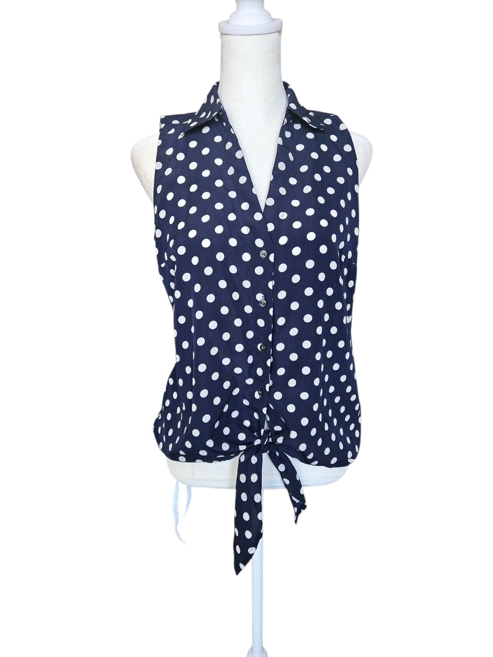 Ann Taylor Navy & White Polka Dot Tie-Front Sleeveless Blouse Retro Summer XS